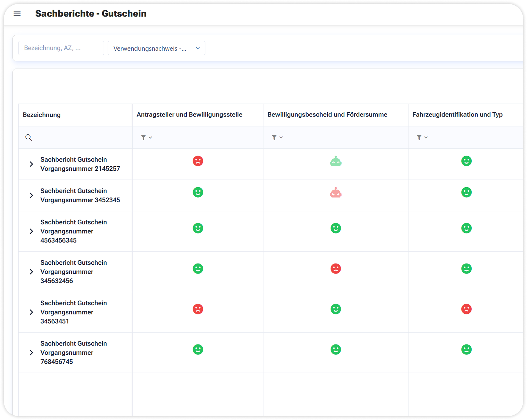 Tabellarische Gesamtübersicht mehrerer Verwendungsnachweise mit Spalten je Bewertungskriterium und Aktion zum Excel-Export