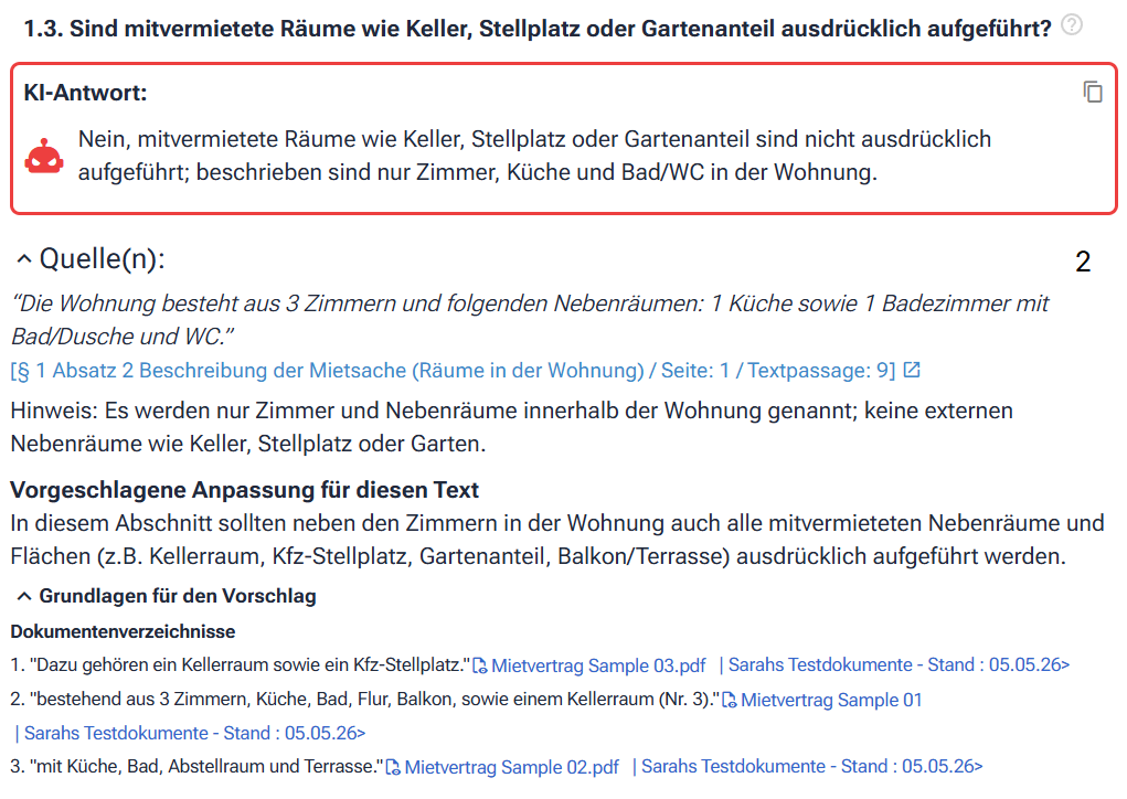 Prüfeintrag zu einer Mietvertragsfrage mit KI-Antwort, Zitaten aus den Quellen und Anpassungsvorschlag