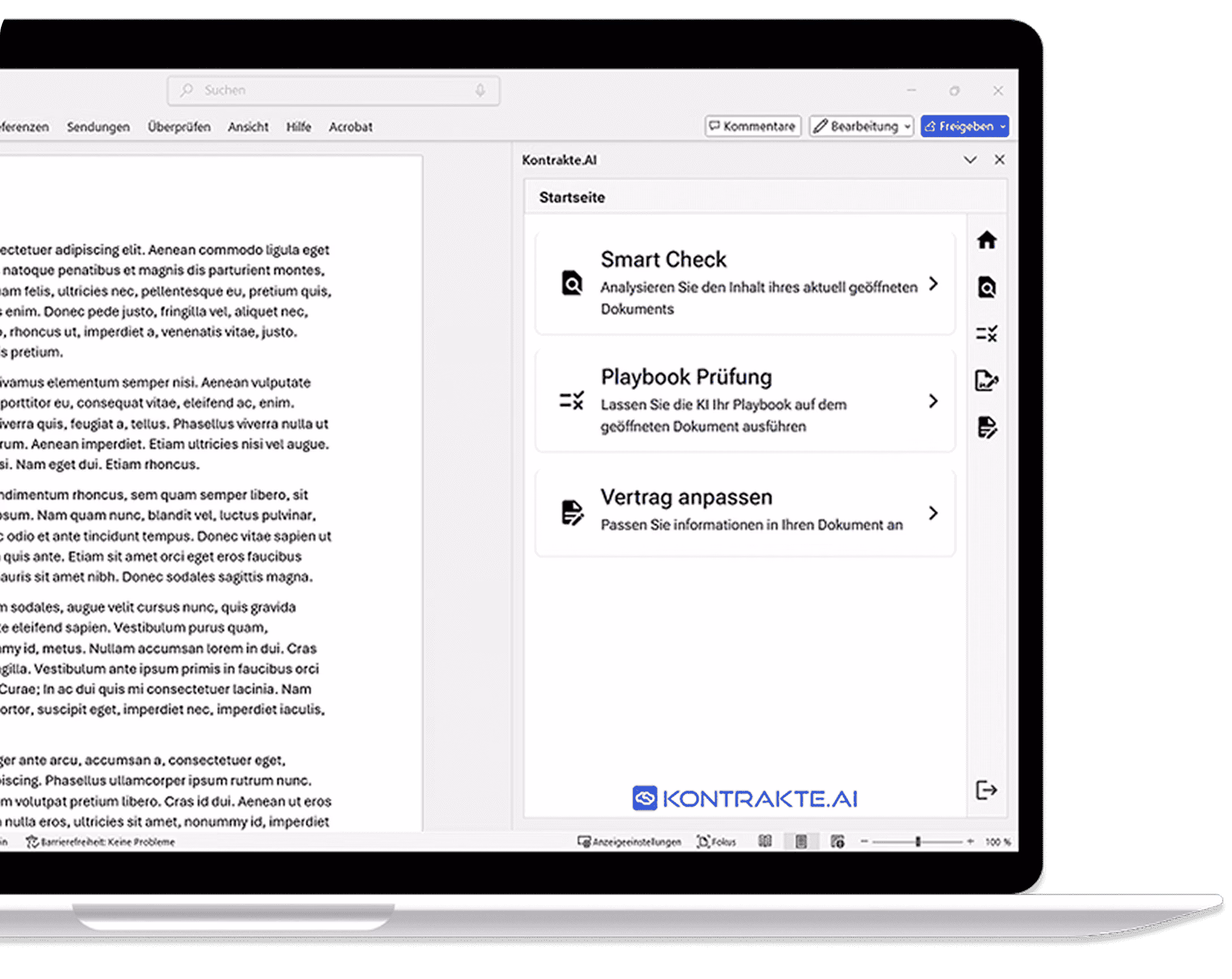 Microsoft Word mit Kontrakte.AI-Seitenleiste für Smart Check, Playbook-Prüfung und Bearbeitung